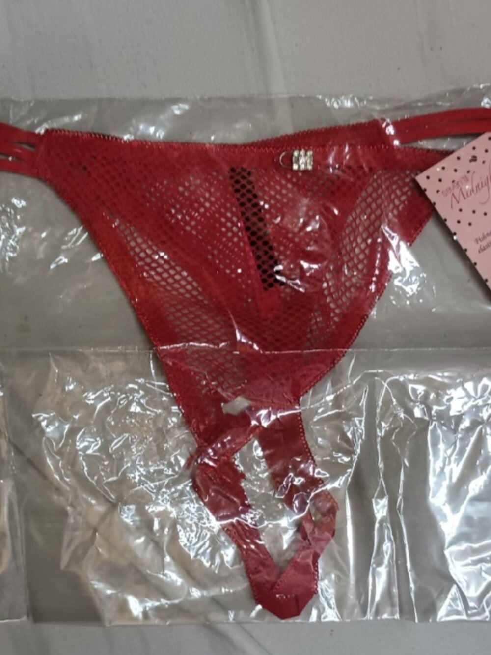 NWT Seven 'til Midnight Strappy Fishnet Open Crotch Thong Red Lock Charm 1X/2X